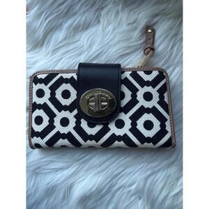 Black and White Patterned Wallet with Turn Lock Closure